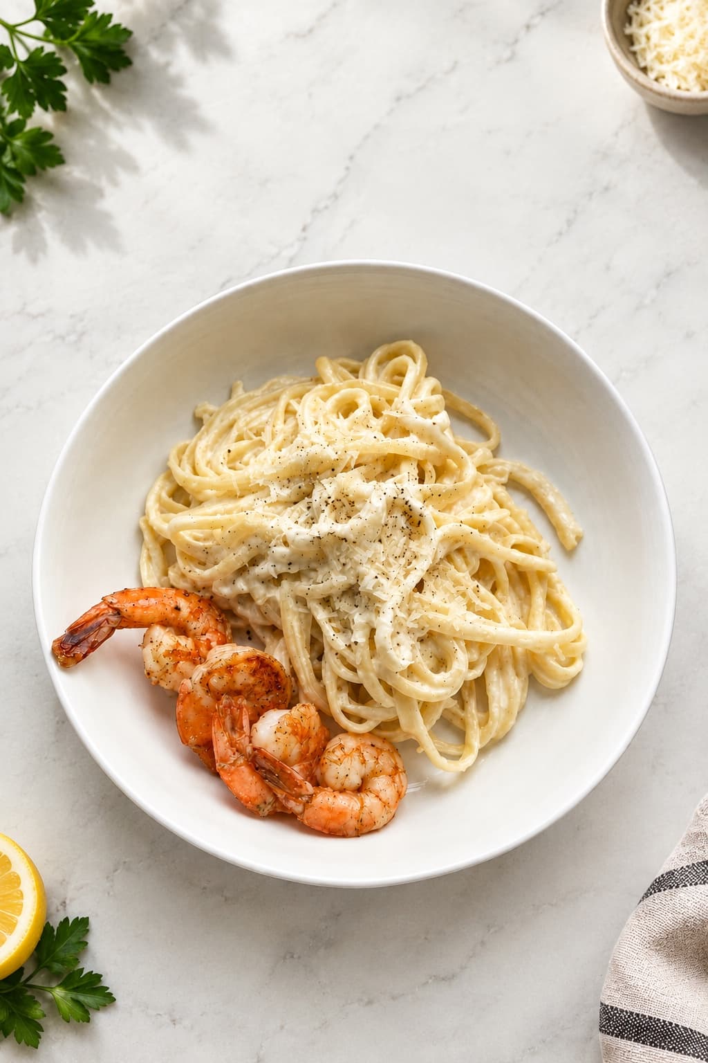Fettuccine Alfredo with Seared Shrimp